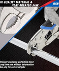 Close-up of Six Piece Locking Pliers Set With Curved Jaw Needle Nose And C Clamp Vise Grips gripping a metal pipe