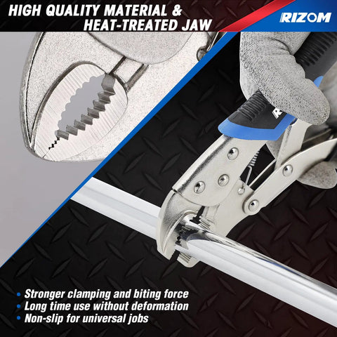 Close-up of Six Piece Locking Pliers Set With Curved Jaw Needle Nose And C Clamp Vise Grips gripping a metal pipe