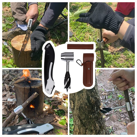 Hand Auger Drill For Survival Gear And Shelter Building, Folding Saw Included, Wooden Rocket Stove Making Kit displayed outdoors