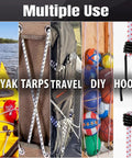 Image showing multiple uses for Two Rolls Of 100 Ft 1 8th Inch Shock Cord Tent Pole Repair Kit With Lead Wires And Washers, including kayak, tarps, travel, DIY, and hooks.