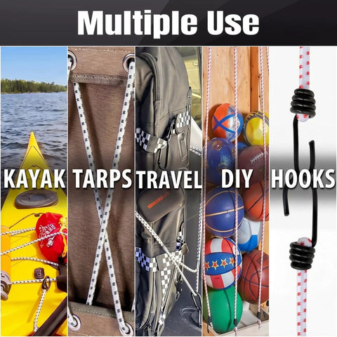 Image showing multiple uses for Two Rolls Of 100 Ft 1 8th Inch Shock Cord Tent Pole Repair Kit With Lead Wires And Washers, including kayak, tarps, travel, DIY, and hooks.