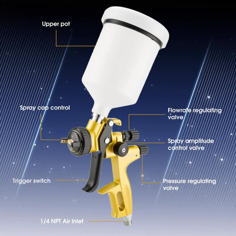 Straight Shooting HVLP Air Spray Gun Kit With Precise One Point Three Mm Tip close-up of trigger and control valves on aluminum body.