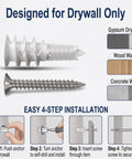 120 Piece Self Drilling Drywall Anchors And Screws Kit No 8 By One And One Quarter Inch Packed With Reinforced Nylon And Glass For Ultra Easy Install No Pilot Hole Required And Heavy Duty Holds Up To Seventy Five Lbs., drywall-only anchor and screw installation steps
