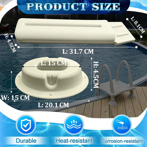 Deck Mount Conversion Kit For 7200 Roll Guard A-Frame Pool Ladders with size details, poolside view
