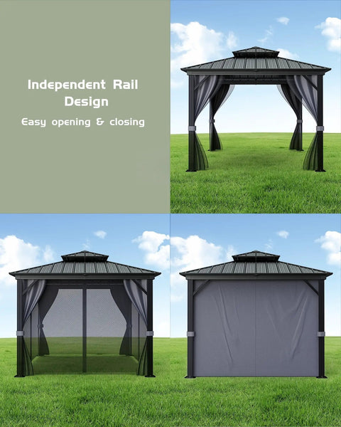 12x12 Hardtop Gazebo With Beefy Double Roof And Mosquito Net, Aluminum Frame And Galvanized Steel Top Canopy, Privacy Curtain, Weatherproof Outdoor Shelter For Patio Porch Garden Lawn Deck Backyard, Gray