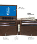 RFID Slim Bifold Wallet With ID Window Leather Dark Tan For Men Card Holder With 6 Card Pockets Currency Pocket Thumb Ejector ID