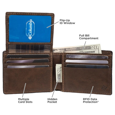 RFID Slim Bifold Wallet With ID Window Leather Dark Tan For Men Card Holder With 6 Card Pockets Currency Pocket Thumb Ejector ID