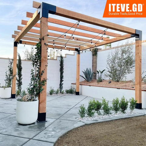 Wooden pergola with matte black 3 Way Pergola Brackets Kit For 5.5x5.5 To 6 Inch Lumber, outdoor setting