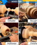 Carbide Tipped Wood Turning Tools Set For Lathe With Swan Neck Hollower Rougher Finisher Detailer And Interchangeable Aluminum Grip Handles With Diamond Carbide Inserts For Pro Grade Smooth Clean Cuts AT04 in use on lathe applications