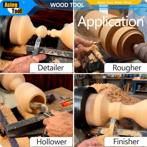 Carbide Tipped Wood Turning Tools Set For Lathe With Swan Neck Hollower Rougher Finisher Detailer And Interchangeable Aluminum Grip Handles With Diamond Carbide Inserts For Pro Grade Smooth Clean Cuts AT04 in use on lathe applications