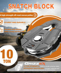 10 Ton Snatch Block, Heavy Duty Recovery Pulley With 22,046 Lbs Working Load Limit, 3/4 Inch Rope Diameter For Off Road Recovery, Towing, And Winching, Gray, shown angled view