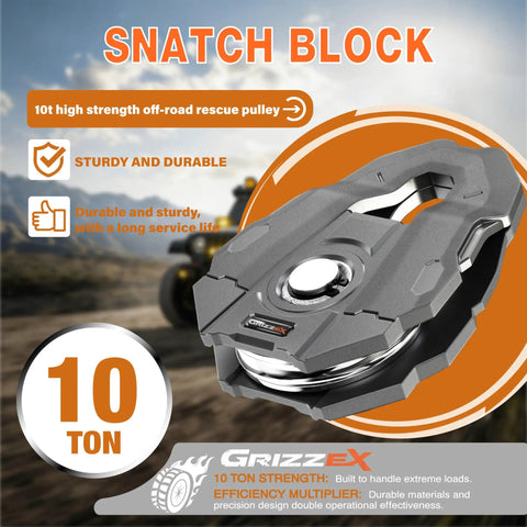 10 Ton Snatch Block, Heavy Duty Recovery Pulley With 22,046 Lbs Working Load Limit, 3/4 Inch Rope Diameter For Off Road Recovery, Towing, And Winching, Gray, shown angled view