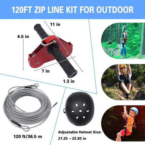 Backyard Zip Line Kit 120Ft For Kids And Teens Up To 330 Lbs With Stainless Steel Cable Spring Brake Adjustable Safety Harness And Helmet Included