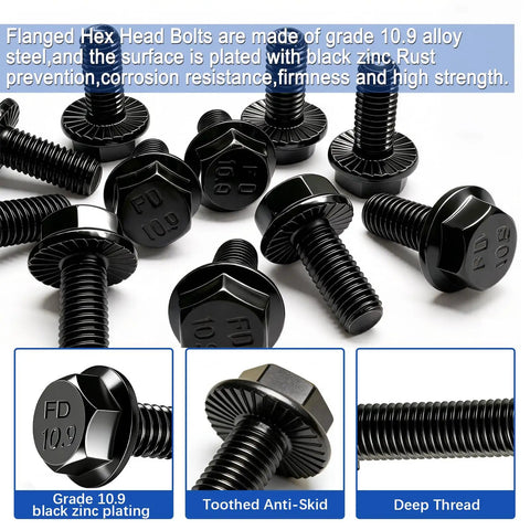 40 Pack M6 1.0 X 25mm Flange Hex Bolts Grade 10.9 Black Zinc Plated Alloy Steel With Full Threads Hex Drive Screws displayed
