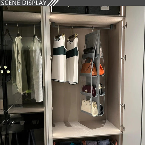 Heavy Duty Purse Organizer Set 2 Pack For Closet, Thick Metal Hooks, Handbag Hanger Storage, See Through Pockets, Grey Organizer