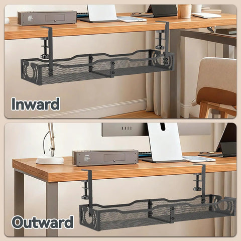 No-Drill Under Desk Cable Tray Organizer, 25.3 Inch Metal Wire Management Tray With Clamp Mount, shown in inward and outward positions
