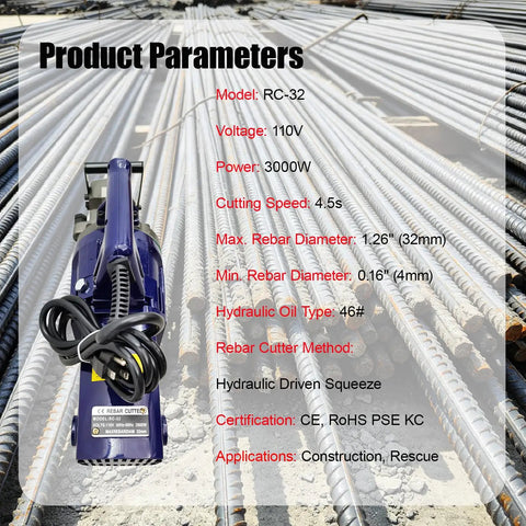RC-32 Badass Portable Hydraulic Rebar Ripper 110V 3000W Electric Steel Bar Saw with power specifications on rebar site.