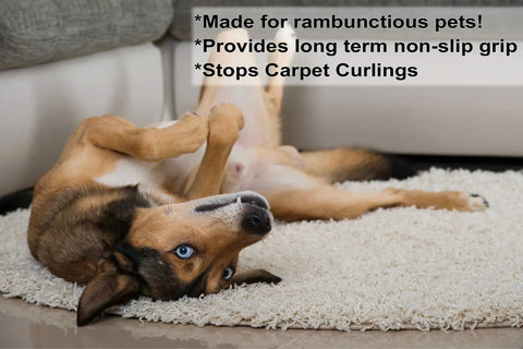 Dog lying on a rug with text overlay about Heavy Duty Double Sided Carpet Tape For Rugs And Carpets 2 Inch Wide By 10 Yards Long.
