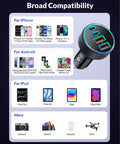 Four Port 90W Car Charger With Dual USB C And USB A Ports Delivers Fast PD 45W And QC 45W Charging for iPhone, iPad, Android shown