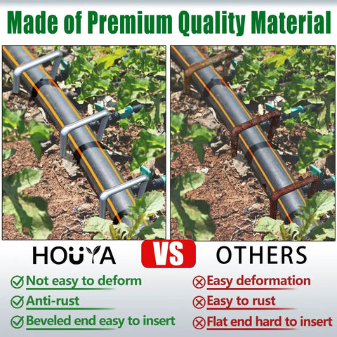 Comparison of Bulk 500 Pack 6 Inch Galvanized Landscape Staples vs others showing anti-rust and ease of insertion benefits