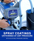 Zero Sweat Heavy Duty Airless Paint Sprayer With Adjustable Pressure Control Spray Unthinned Stains shown with spray hose and five-gallon bucket.