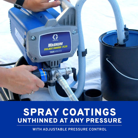 Zero Sweat Heavy Duty Airless Paint Sprayer With Adjustable Pressure Control Spray Unthinned Stains shown with spray hose and five-gallon bucket.