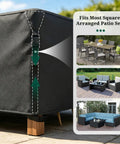 Heavy Duty Outdoor Furniture Cover Tough As Nails 113 Inch By 76 Inch By 28 Inch Waterproof 900D Fits 6 To 10 Chairs Or 6 To 8 Seat Sofa Sets Large Patio Table And Chair Set Black, close up view with examples of covered patio sets.