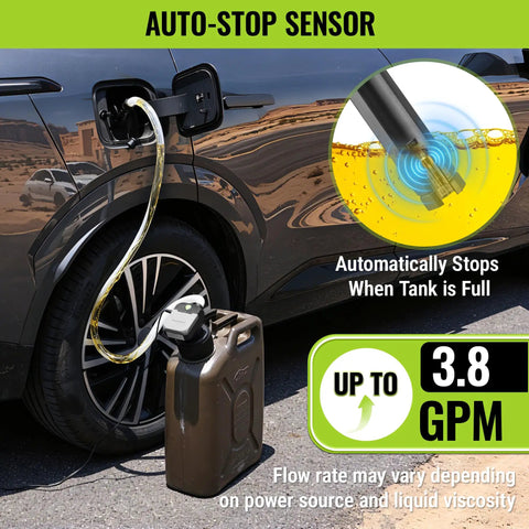Boss Built Electric Fuel Transfer Pump With Auto Stop Sensor Plus Buzzer Sound And 3.8 Gpm Output for safe fueling process with automatic shut-off.