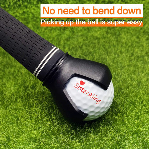 3 Prong Golf Ball Retriever Grabber With Back Saver Claw Put On Putter Grip, holding a golf ball on grass.