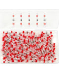 Heavy Duty 100 Piece Pack Of Red Solder Seal Wire Connectors For 22 18 AWG Cables With Built In Solder Ring And Heat Shrink Seal in a clear storage box.