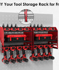 Power Tool Organizer Wall Mount With Charging Station, Built In 4 Drill Holders And 8 Outlet Power Strip, red steel rack