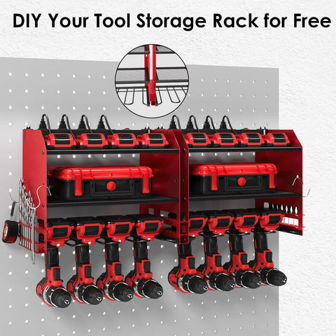 Power Tool Organizer Wall Mount With Charging Station, Built In 4 Drill Holders And 8 Outlet Power Strip, red steel rack