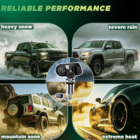 Four Pack 315 Mhz Tire Pressure Monitoring System Sensors For Chevy Silverado 2007 To 2019 Pickup Truck showcased in various driving conditions.
