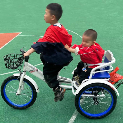 Children riding Dual Rider Trike With Rear Passenger Seat Outdoor Three-Wheel Pedal Tricycle With Pneumatic Tires Spoke Wheels PU Leather