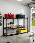 Beefy Heavy Duty Garage Storage Shelves 3 Tier Metal Shelving Unit 48 By 24 By 36 Inches Industrial Grade Steel With 1320 Lbs Total Load Capacity For Tools, Boxes, And Garage Gear. Black 3-tier garage shelf with tools and storage bins