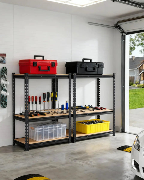 Beefy Heavy Duty Garage Storage Shelves 3 Tier Metal Shelving Unit 48 By 24 By 36 Inches Industrial Grade Steel With 1320 Lbs Total Load Capacity For Tools, Boxes, And Garage Gear. Black 3-tier garage shelf with tools and storage bins