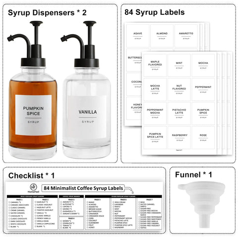 Two Pack Glass Syrup Pump Dispensers For Coffee Bar Setup With 84 Labels And Funnel, 16.9 Oz Each, Matte Black Pumps