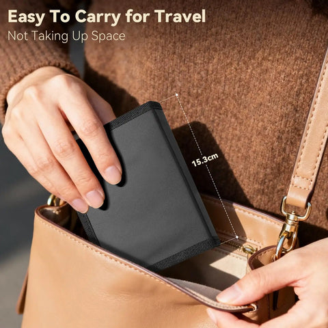 Person placing compact black leather sewing kit into handbag, labeled 'Easy to Carry' with product dimensions, 15.3 cm.
