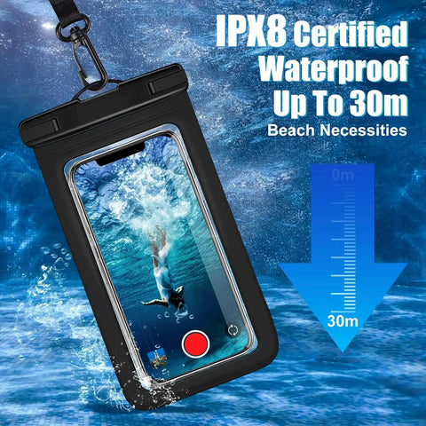 Three Pack Universal Waterproof Phone Pouches With IPX8 Dry Bag Case displaying underwater proof up to 30m depth with phone inside