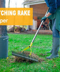 Person using Dethatching Rake For Lawn Care, 15 Inch Wide Thatch Rake with Stainless Steel Tines and Adjustable Handle on grass