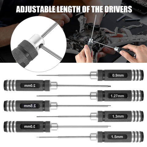 Pro Grade 7 Piece Precision RC Hex Screwdriver Set showcasing adjustable length and high-speed steel tips for RC car repairs.