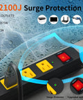 Built Tough Heavy Duty 8 Outlet Power Strip With 2100J Surge Protector, 6 Ft Cord, Wide Spaced Outlets, Wall Mountable Metal Power Strip For Home Office, Garage, And Workshop With Auto Shutdown Fuse showing red reset switch and yellow outlets