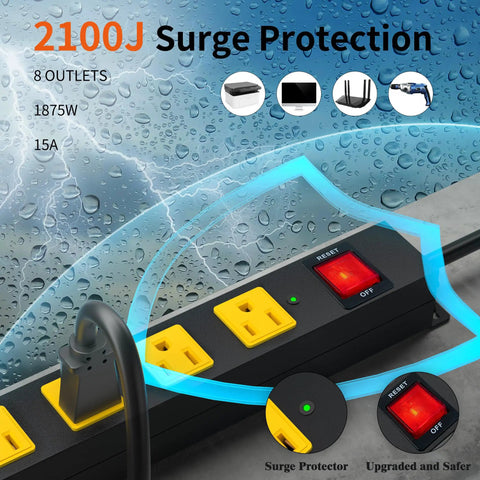 Built Tough Heavy Duty 8 Outlet Power Strip With 2100J Surge Protector, 6 Ft Cord, Wide Spaced Outlets, Wall Mountable Metal Power Strip For Home Office, Garage, And Workshop With Auto Shutdown Fuse showing red reset switch and yellow outlets