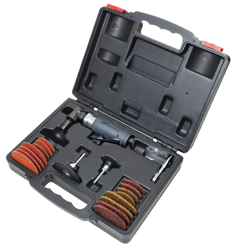 Open case with Angle Air Die Grinder With Two Inch And Three Inch Pad Kit, Real Workhorse At Twenty Thousand RPM, 0.33 HP accessories visible