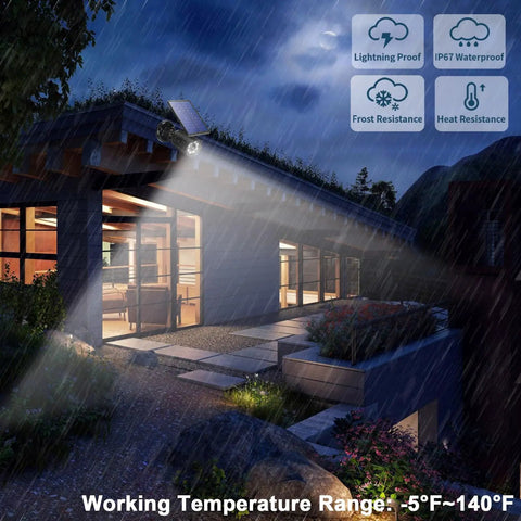 Solar Motion Light Outdoor 2000LM Security Flood Light IP67 Waterproof Spotlight mounted on wall in rain