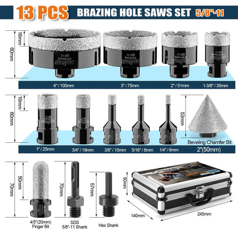 Diamond Hole Saw Kit 13 Piece Set For Ceramic Porcelain And Granite with various sizes and carrying case