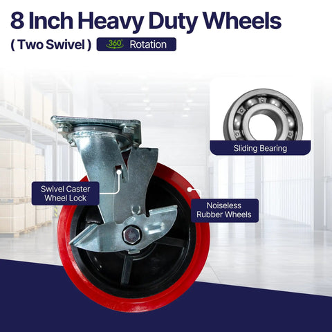 8 Inch Heavy Duty Wheels featuring two swivel locking casters with 360 rotation for the Badass Heavy Duty Flatbed Platform Cart.