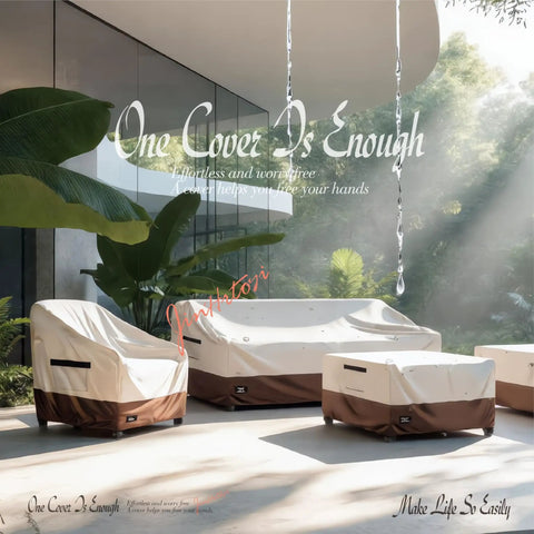 Beefy 3 Seater Outdoor Couch Cover Fits Up To 76Wx32Dx31H Inches Waterproof Heavy Duty Patio Furniture Cover with all-weather protection in beige and brown on patio.