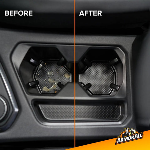 Get Your Ride Looking Sharp With This Multi Purpose Car Cleaner Spray In 16 Fl Oz Tossing New Car Scent Everywhere To Cut Through Dirt On Dashboards And Upholstery While Killing Stinks Dead, before and after comparison of cup holder cleaning.