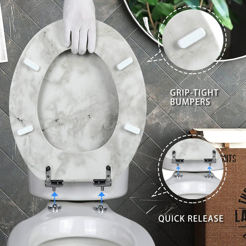Elongated Marble Toilet Seat With Quiet Close And Quick Release Hinges, No-Nonsense Build To Last Durable Molded Wood, Easy Clean Finish In Gray Marble, Fits Most US Toilets From Crane Universal Rundle Eljer Delta Bemis And More